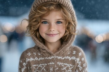Child in knitted hoodie smiling outdoors in winter snow, natural portrait perfect for holiday marketing, cozy campaigns, and lifestyle design.