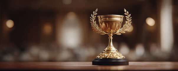 Elegant gold trophy with laurel wreath, symbol of achievement  excellence. Ideal for corporate events, awards, or celebrating success. Refined aesthetic.