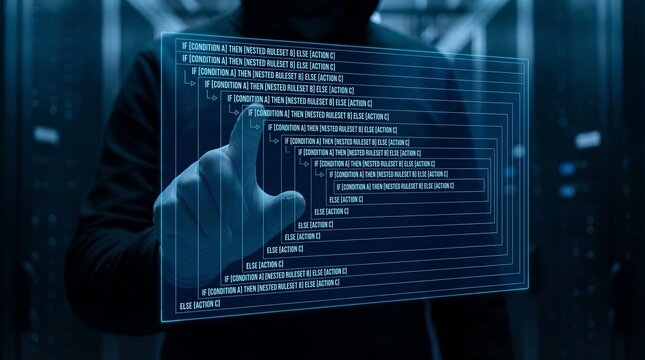 Hacker accessing confidential data on a futuristic transparent screen interface, digital technology and cybersecurity concept