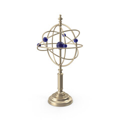 Decorative golden armillary astrolabe with blue orbs isolated on transparent background.