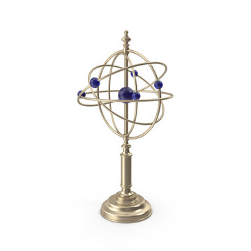 Decorative golden armillary astrolabe with blue orbs isolated on transparent background.