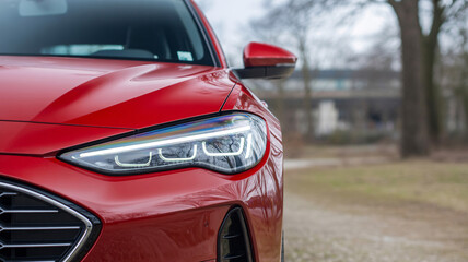 Close up of the front of a red car with a bright headlight and a blurred background outdoors view