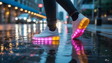 Fototapeta premium Person walking in the rain with light up sole sneakers fashionably