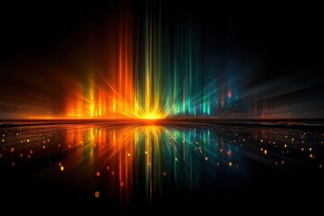 Vibrant rainbow light beams create an abstract spectrum background with glowing reflections and dynamic energy