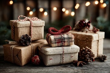 Rustic wrapped Christmas gifts arranged on a wooden table with pinecones and warm lights