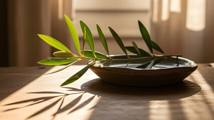 spa still life with bamboo and green leaves on white background