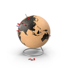 Cork material world globe with travel pins on transparent background