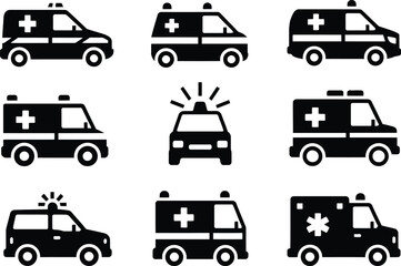 Silhouette Ambulance Icons Set. Emergency, Healthcare, Medical, Ambulance Vehicle Vector Illustration