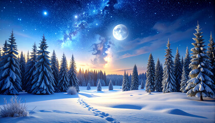 Serene winter night landscape showcases snow-covered pines under a bright moon and starry blue sky.