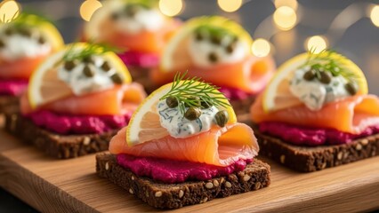 Gourmet smoked salmon canapes with beetroot spread, cream cheese, capers, dill, and lemon on dark rye bread, elegant appetizers for parties