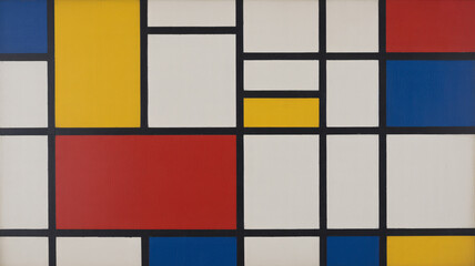 Abstract composition with rectangles in red yellow blue and white with black lines