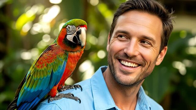 A smiling man with a vibrant parrot on his shoulder in a lush setting.