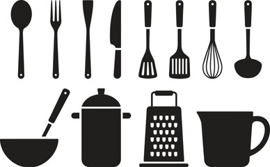 Kitchen Tools Silhouette Icon Set. Spoon, Knife, Fork, Grater, Pot, Whisk, Cooking Equipment Vector Illustration