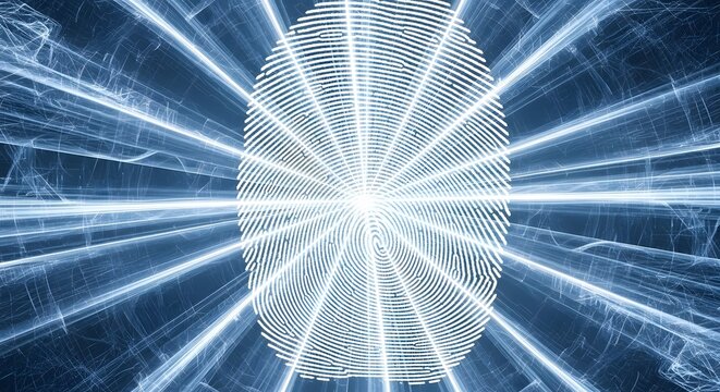 A digital fingerprint with radiating light beams against a dark blue abstract background design effect