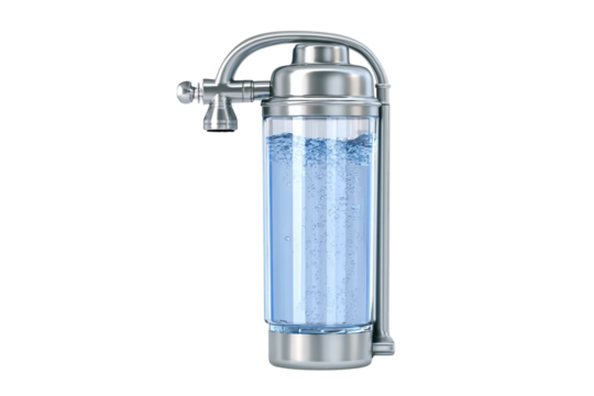 Faucet-mounted water filter for instant clean water isolated on transparent background