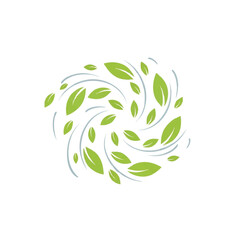Obraz premium A stylized illustration of swirling green leaves on curved blue lines against a white background with a natural and dynamic composition.
