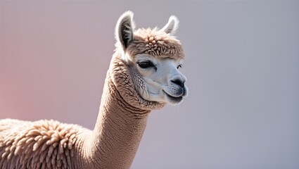 Naklejka premium Close-up portrait of a smiling alpaca with soft, fluffy fur against a light background