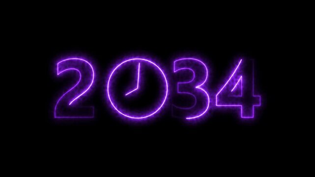 2034 digital text celebration and Calendar neon bright purple color animation. Clock icon timer concept on black background.