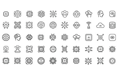 Artificial Intelligence Line Icon Set, AI Technology Symbols, Neural Network and Machine Learning Icons