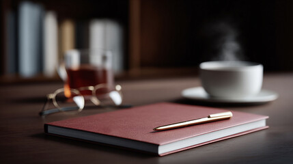 Cozy workspace setup with a journal, pen, tea and coffee. Perfect for depicting study, work, relaxation, writing, planning or thoughtful reflection.
