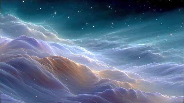 A vast expanse of outer space filled with colorful, swirling nebulae clouds in shades of blue, purple, and orange, illuminated by distant stars.