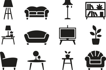 Furniture Line Icon Set. Living Room, Sofa, Table, Lamp, Bookshelf, Plant Vector Illustration