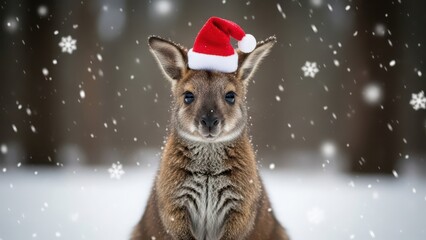 Adorable wallaby joey wearing a festive red santa hat amidst falling snow, celebrating a cheerful winter holiday season in nature