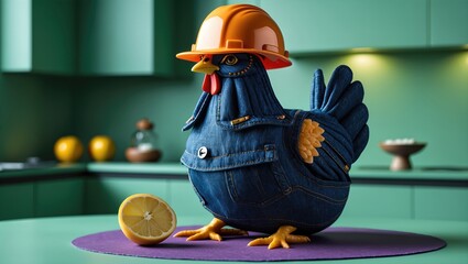 A whimsical chicken figurine wearing an orange hard hat with a lemon beside it in a colorful kitchen setting