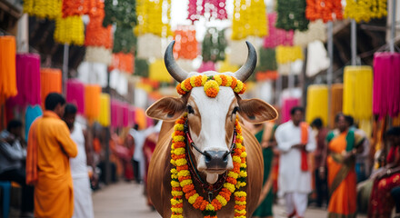 mattu pongal, the cow stands in the middle of the village yard decorated with garlands and its horns painted gold, ai produces an image