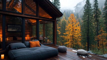 A modern cabin with large glass windows and a wooden deck, featuring a large floor cushion and poufs, set against a backdrop of a misty mountain range and a vib