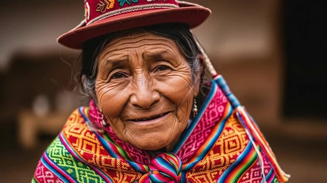 Elderly woman smiling in vibrant traditional andean attire with colorful textiles