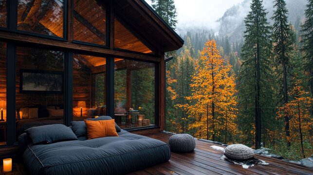 A modern cabin with large glass windows and a wooden deck, featuring a large floor cushion and poufs, set against a backdrop of a misty mountain range and a vib
