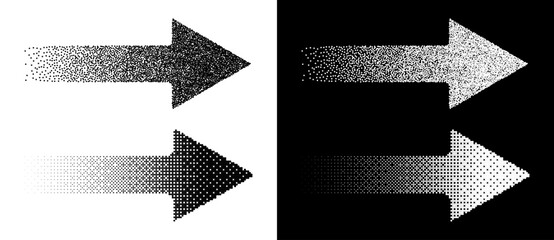 Set of 2 arrows with halftone and stipple effect. Black figures on a white background and an equally white figures on the black side.