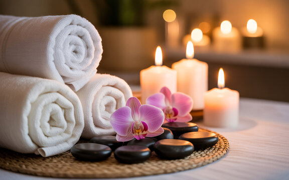 Still life of spa arrangement with towels orchids candles and stones on a woven mat at a spa setting