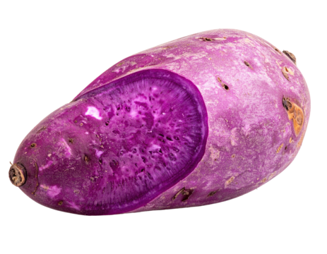 Purple yam whole tuber smooth surface isolated white background