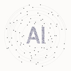Circle with lines, dots and letters AI as background. AI consists of numbers 0 and 1. Black figure on white background.