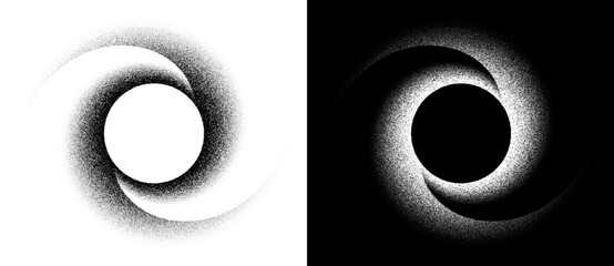 Abstract art background with dotted spiral. Stipple effect with chaotic noise. Black shape on a white background and the same white shape on the black side.