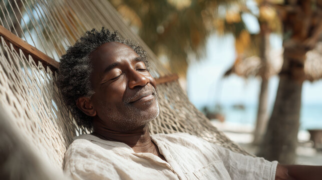 Relaxed senior man enjoying a peaceful moment in a hammock on a sunny beach. An older Black man rests in a hammock, eyes closed, enjoying the warmth of the sun and the gentle sea breeze - Powered by Adobe
