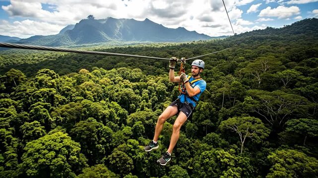 A thrilling zipline adventure through lush green forests.
