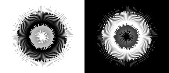 Abstract background with burning lines in cicrle. Design element or icon. Black shape on a white background and the same white shape on the black side.