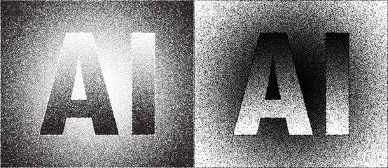 Dotted background with gradient and letters AI as abstract modern vector concept. Black dots on a white background and the same white dots on the black side.