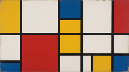 Composition with red blue and yellow featuring black lines and geometric shapes in a grid layout