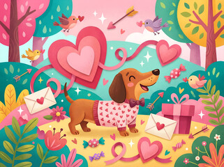 Obraz premium Cute Dachshund Valentine Whimsical Illustration With Hearts and Gifts