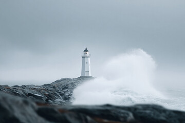 Dramatic seascape featuring a lighthouse standing firm against crashing waves. Symbolizes resilience, guidance, and hope amidst challenges. Great for travel, and motivational content.
