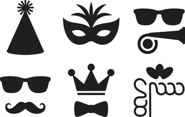 Silhouette Party Icons Set. Celebration, Costume, Fun, Mask, Accessories, Vector Illustration