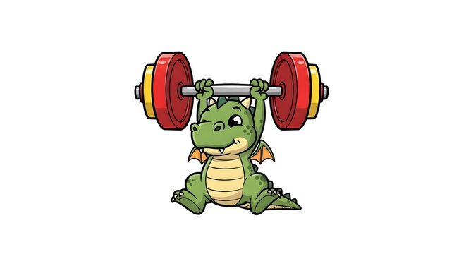A funny and cute cartoon crocodile or alligator is humorously depicted weightlifting and exercising, isolated on a clean white background