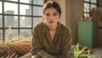 Young woman in green outfit sitting thoughtfully in a sunlit room with modern decor and plants