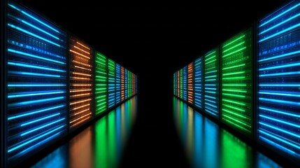 In a dark server room, vibrant LED lights shine in blue, orange, and green, highlighting sleek rows of servers. This environment fosters creativity and efficiency in technology