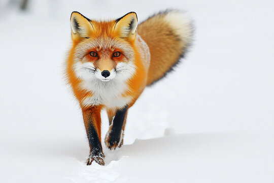 Red fox walking through snow in winter forest with fluffy tail and sharp gaze, wildlife survival generative ai animal