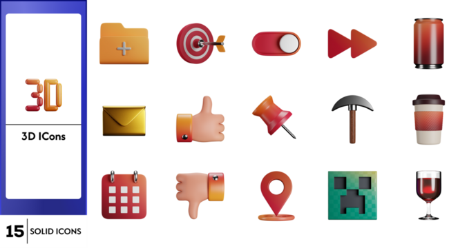 Collection of 3D solid icons featuring various common objects and symbols for digital design projects. - Powered by Adobe